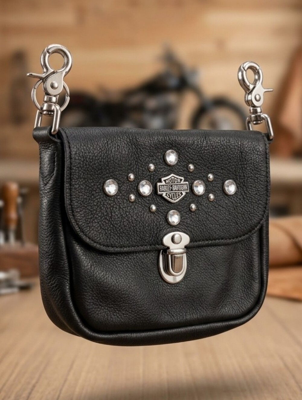 Harley-Davidson Black Leather Studded Crystal Bar & Shield Belt Clip Hip Bag